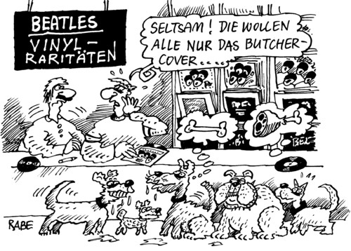 Cartoon: Beatles Butcher Cover (medium) by RABE tagged beatles,butcher,cover,vinyl,lp,rockmusik,hunde,knochen,fleisch,puppen,schallplatte,liverpool,popband,beatmusik,raritäten,sammler,verkäufer,beatles,rockmusik,liverpool,schallplatte,musik,band