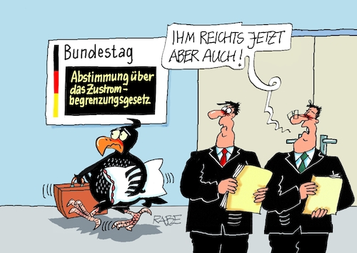 Cartoon: Begrenzungsgesetz (medium) by RABE tagged ampel,ampelregierung,rot,grün,gelb,fdp,spd,grüne,rabe,ralf,böhme,cartoon,karikatur,pressezeichnung,farbcartoon,tagescartoon,inflation,einkommen,rente,rentenpaket,bruch,streit,neuwahlen,merz,afd,weidel,abstimmung,zustrombegrenzungsgesetz,asylantrag,migrationspolitik,rechte,bundesadler,kopfkisswn,koffer,ausreise,ampel,ampelregierung,rot,grün,gelb,fdp,spd,grüne,rabe,ralf,böhme,cartoon,karikatur,pressezeichnung,farbcartoon,tagescartoon,inflation,einkommen,rente,rentenpaket,bruch,streit,neuwahlen,merz,afd,weidel,abstimmung,zustrombegrenzungsgesetz,asylantrag,migrationspolitik,rechte,bundesadler,kopfkisswn,koffer,ausreise