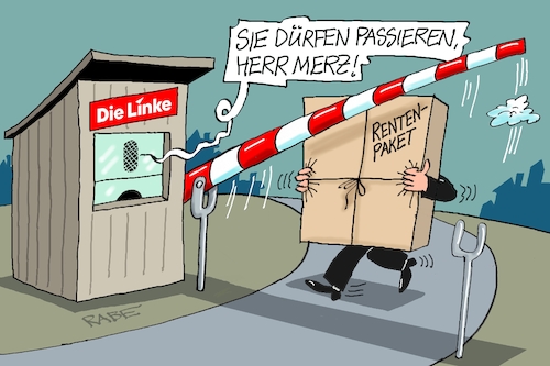 Cartoon: Beschrankter Cartoon (medium) by RABE tagged merz,union,kanzler,fritze,koalition,spd,klingbeil,bundesregierung,rabe,ralf,böhme,cartoon,karikatur,pressezeichnung,farbcartoon,tagescartoon,trump,putin,krisen,tv,nachrichten,waschmaschine,rente,rentenpaket,bundestag,rentenreform,ju,linke,schranke,schlagbaum,passierschein,merz,union,kanzler,fritze,koalition,spd,klingbeil,bundesregierung,rabe,ralf,böhme,cartoon,karikatur,pressezeichnung,farbcartoon,tagescartoon,trump,putin,krisen,tv,nachrichten,waschmaschine,rente,rentenpaket,bundestag,rentenreform,ju,linke,schranke,schlagbaum,passierschein