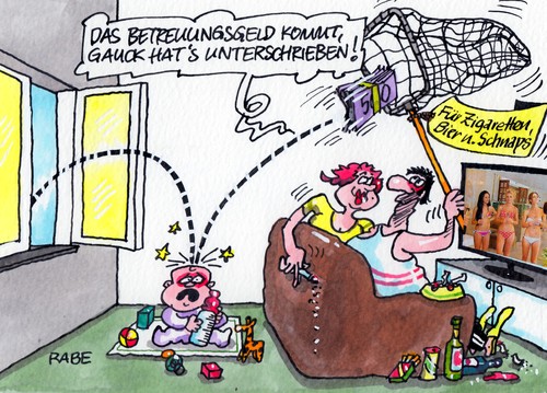 Cartoon: Betreuungsgeldgesetz (medium) by RABE tagged gauckunzerschrift,gauck,bundespräsident,betreuungsgeld,betreuungsgeldgestz,elterngeld,herdprämie,seehofer,csu,merkel,kanzlerin,cdu,heim,herd,rabe,ralf,böhme,cartoon,karikatur,bier,schnaps,zigaretten,eltern,kind,kescher,netz,geldbündel,geldscheine,baby,babaypause,fernseher,couch,kita,kitaplatz,tagesmutter,erzieherin,kindergarten,gauckunzerschrift,gauck,bundespräsident,betreuungsgeld,betreuungsgeldgestz,elterngeld,herdprämie,seehofer,csu,merkel,kanzlerin,cdu,heim,herd,rabe,ralf,böhme,cartoon,karikatur,bier,schnaps,zigaretten,eltern,kind,kescher,netz,geldbündel,geldscheine,baby,babaypause,fernseher,couch,kita,kitaplatz,tagesmutter,erzieherin,kindergarten