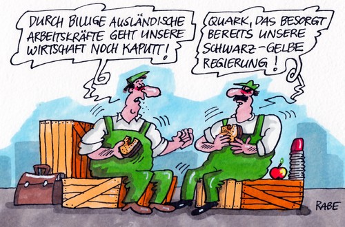 Cartoon: Billige Arbeitskraft (medium) by RABE tagged arbeitsmarkt,konjunktur,aufschwung,arbeitsplatz,wirtschaftswachstum,job,jobsuche,arbeiter,angestellter,ausländer,spezialisten,bundesarbeitsministerin,von,der,leyen,cdu,bundesregierung,merkel,kanzlerin,euro,eurokrise,euroländer,eurozone,gehalt,lohn,ostblockstaaten,schwarzgelb,koalition,rösler,wirtschaftsminister,fdp,frühstück,frühstückspause,brot,stulle,schnitte,arbeitsmarkt,arbeitsplatz,aufschwung,konjunktur,wirtschaftswachstum,job,jobsuche,arbeiter,angestellter,ausländer,spezialisten,bundesarbeitsministerin,von,der,leyen,cdu,bundesregierung,merkel,kanzlerin,euro,eurokrise,euroländer,eurozone,gehalt,lohn,ostblockstaaten,schwarzgelb,koalition,rösler,wirtschaftsminister,fdp,frühstück,frühstückspause,brot,stulle,schnitte