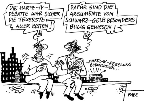 Cartoon: Billiges (medium) by RABE tagged hartz,iv,streit,debatte,regelung,empfänger,sozialhilfe,arbeitsamt,arbeitsagentur,jobcenter,job,bildungschip,bundesregierung,kanzlerin,euro,krise,von,der,leyen,cdu,fdp,schwarz,gelb,opposition,koalition,spd,linke,grüne,teuer,zeit,argumente,mann,männer,radio,beschließen,bundestag,berlin,regierungsviertel,reichstag,reichtagskuppel,erhöhung,skyline,bundesregierung,bundestag,hartz,empfänger,armut,armutsgrenze,sozialhilfe,leyen,arbeitsministerin,arbeitslosigkeit,arbeit