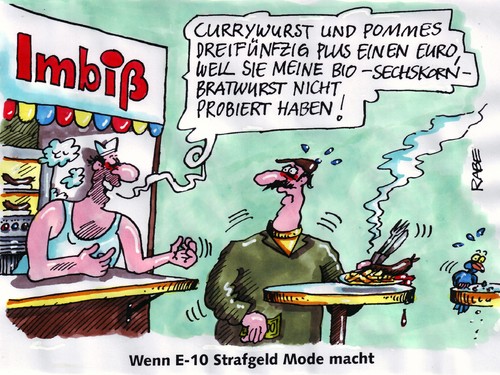 Cartoon: Biosechskornstrafgeld (medium) by RABE tagged bundesregierung,verbraucher,verbraucherschutz,kraftstoff,mineralöl,biokraftstoff,benzin,ölmultis,ölkonzern,sprit,tankstelle,super,diesel,zapfpistole,zapfsäule,kraftfahrer,kunde,steuerzahler,steuergelder,auto,pkw,autofahrer,adac,studie,strafe,strafgeld,strafzoll,ezehn,eu,euro,krise,brüssel,verordnung,imbiss,currywurst,pommes,ketchup,senf,bratwurst,biosechskornbrötchen,grill,schnellrestaurant,döner,fastfood,burgerking,pommesbude,fritten,mcdonalds,verzehrsteuer,mehrwertsteuer,besteck,pappteller,verkäufer,mode,bundesregierung,verbraucher,kraftstoff,mineralöl,biokraftstoff,benzin,ölmultis,ölkonzern,tankstelle,super