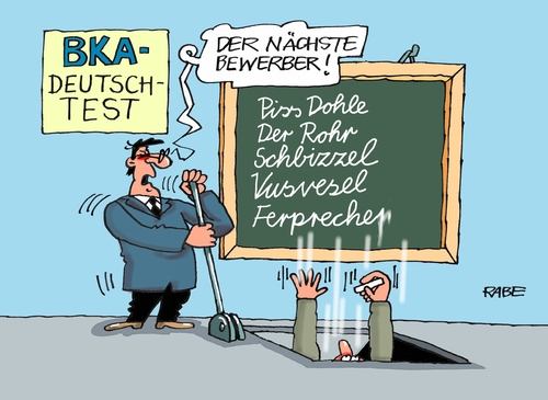 Cartoon: BKA Deutsch Test (medium) by RABE tagged bka,bundeskriminalamt,bewerber,test,deutschtest,abiturienten,durchfall,rabe,ralf,böhme,cartoon,karikatur,pressezeichnung,farbcartoon,tagescartoon,schultafel,kreide,pistole,verbrecher,fußfessel,terror,spitzel,bka,bundeskriminalamt,bewerber,test,deutschtest,abiturienten,durchfall,rabe,ralf,böhme,cartoon,karikatur,pressezeichnung,farbcartoon,tagescartoon,schultafel,kreide,pistole,verbrecher,fußfessel,terror,spitzel