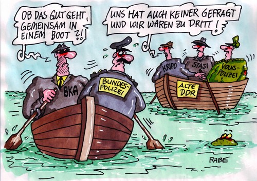 Cartoon: BKA in einem Boot (medium) by RABE tagged bka,bundespolizei,kommissar,innenminister,innenministerium,kooperation,zusammenschluß,kripo,stasi,volkspolizei,polizei,bundesländer,sonnenbrille,schlapphut,trenchcaot,boot,wasser,meer,geld,euro,rudern,männer,bka,bundespolizei,kommissar,innenminister,innenministerium,kooperation,zusammenschluß,kripo,volkspolizei,polizei,bundesländer