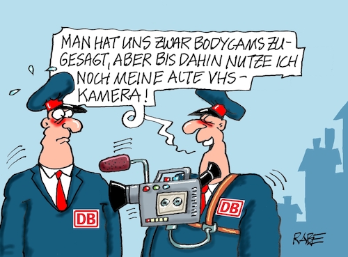 Cartoon: Bodycams bei der Bahn (medium) by RABE tagged bahn,db,bahnkunden,fahrpreis,fahrpreiserhöhung,rabe,ralf,böhme,cartoon,karikatur,pressezeichnung,farbcartoon,tagescartoon,schnellzug,bahnticket,schlusslicht,passagiere,bahnreisende,puffer,überwachung,regionalzüge,sicherheit,bodycams,körperkameras,schutz,fahrkartenkontrolleur,schaffner,schaffnerin,bahn,db,bahnkunden,fahrpreis,fahrpreiserhöhung,rabe,ralf,böhme,cartoon,karikatur,pressezeichnung,farbcartoon,tagescartoon,schnellzug,bahnticket,schlusslicht,passagiere,bahnreisende,puffer,überwachung,regionalzüge,sicherheit,bodycams,körperkameras,schutz,fahrkartenkontrolleur,schaffner,schaffnerin