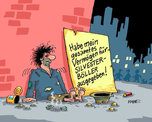 Cartoon: Böllerpleite (medium) by RABE tagged silvester,silvesterfeier,neujahr,rabe,ralf,böhme,cartoon,karikatur,pressezeichnung,farbcartoon,tagescartoon,musical,theater,jahresrückblick,knaller,feuerwerk,kugelbombe,silvesterböller,pleite,armut,bettler,obdachloser,silvester,silvesterfeier,neujahr,rabe,ralf,böhme,cartoon,karikatur,pressezeichnung,farbcartoon,tagescartoon,musical,theater,jahresrückblick,knaller,feuerwerk,kugelbombe,silvesterböller,pleite,armut,bettler,obdachloser