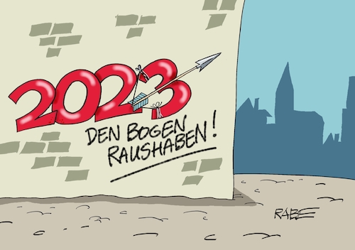 Cartoon: Bogenschiesser (medium) by RABE tagged neujahr,silvester,jahresbegin,jahresstart,prosit,neujahrsfeier,januar,rabe,ralf,böhme,cartoon,karikatur,pressezeichnung,farbcartoon,tagescartoon,wand,hauswand,bogen,pfeil,bogenschütze,neujahr,silvester,jahresbegin,jahresstart,prosit,neujahrsfeier,januar,rabe,ralf,böhme,cartoon,karikatur,pressezeichnung,farbcartoon,tagescartoon,wand,hauswand,bogen,pfeil,bogenschütze