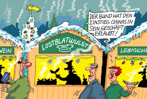 Cartoon: Bratwurst im Chinadarm (medium) by RABE tagged weihnachten,weihnachtsfest,weihnachtsmann,weihnachtsmänner,bart,geschenkesack,rabe,ralf,böhme,cartoon,karikatur,pressezeichnung,farbcartoon,tagescartoon,kurzarbeit,bürgergeld,leiharbei,kurzarbeiter,china,bratwurst,bratwurststand,weihnachtsmarkt,übernahme,geschäft,stand,bund,genehmigung,weihnachten,weihnachtsfest,weihnachtsmann,weihnachtsmänner,bart,geschenkesack,rabe,ralf,böhme,cartoon,karikatur,pressezeichnung,farbcartoon,tagescartoon,kurzarbeit,bürgergeld,leiharbei,kurzarbeiter,china,bratwurst,bratwurststand,weihnachtsmarkt,übernahme,geschäft,stand,bund,genehmigung