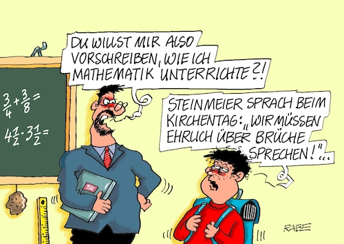 Cartoon: Bruchrechnen (medium) by RABE tagged steinmeier,bundespräsident,kirchentag,kirche,rede,gläubige,rabe,ralf,böhme,cartoon,karikatur,pressezeichnung,farbcartoon,tagescartoon,schule,lehrer,schüler,schultafel,mathematik,mathe,rechnen,bruchrechnen,steinmeier,bundespräsident,kirchentag,kirche,rede,gläubige,rabe,ralf,böhme,cartoon,karikatur,pressezeichnung,farbcartoon,tagescartoon,schule,lehrer,schüler,schultafel,mathematik,mathe,rechnen,bruchrechnen