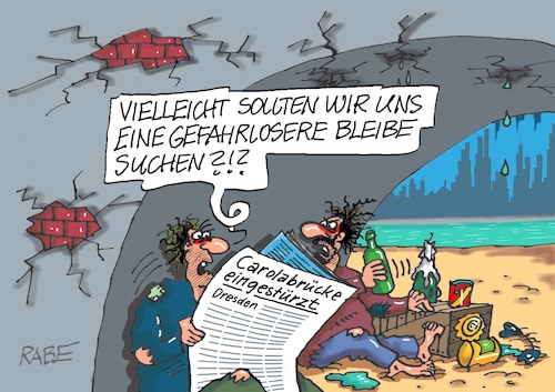 Cartoon: Brückentag nochmal (medium) by RABE tagged ampel,ampelregierung,rot,grün,gelb,fdp,spd,grüne,rabe,ralf,böhme,cartoon,karikatur,pressezeichnung,farbcartoon,tagescartoon,pöbelei,pöbler,bestrafung,regelung,beschimpfung,bundestag,abgeordnete,brücke,carola,carolabrücke,brückeneisturz,dresden,obdachlose,bettler,arbeitloser,ampel,ampelregierung,rot,grün,gelb,fdp,spd,grüne,rabe,ralf,böhme,cartoon,karikatur,pressezeichnung,farbcartoon,tagescartoon,pöbelei,pöbler,bestrafung,regelung,beschimpfung,bundestag,abgeordnete,brücke,carola,carolabrücke,brückeneisturz,dresden,obdachlose,bettler,arbeitloser