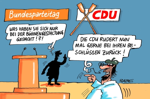 Cartoon: Bundesparteitag (medium) by RABE tagged bundesparteitag,cdu,köln,merkel,kanzlerin,vorsitzende,wahl,schäuble,progression,kalte,steuerzahler,rabe,ralf,böhme,cartoon,karikatur,pressezeichnung,farbcartoon,tagescartoon,bühne,rednerpult,ruder,zurück,bühnegestaltung,dekorateurr,bundesparteitag,cdu,köln,merkel,kanzlerin,vorsitzende,wahl,schäuble,progression,kalte,steuerzahler,rabe,ralf,böhme,cartoon,karikatur,pressezeichnung,farbcartoon,tagescartoon,bühne,rednerpult,ruder,zurück,bühnegestaltung,dekorateurr