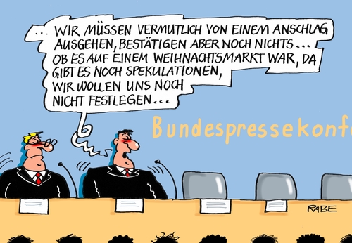 Cartoon: Bundespressekonferenz (medium) by RABE tagged bundespressekonferenz,seibert,berlin,anschlag,attentat,terroranschlag,weihnachten,weihnachtsmarkt,sicherheitskräfte,flüchtling,pakistan,lkw,rabe,ralf,böhme,cartoon,karikatur,pressezeichnung,farbcartoon,tagescartoon,vermutung,spekulation,bestätigung,transporter,bundespressekonferenz,seibert,berlin,anschlag,attentat,terroranschlag,weihnachten,weihnachtsmarkt,sicherheitskräfte,flüchtling,pakistan,lkw,rabe,ralf,böhme,cartoon,karikatur,pressezeichnung,farbcartoon,tagescartoon,vermutung,spekulation,bestätigung,transporter