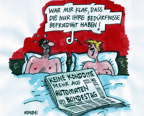 Cartoon: Bundestagskondomerie (medium) by RABE tagged bundestag,bundesregierung,kanzleramt,regierungsviertel,kanzlerin,merkel,cdu,koalition,opposition,fdp,spd,csu,linke,grüne,befriediegung,euro,kriese,bedürfnisse,diäten,kondome,automat,kondomautomat,verhüterli,gummi,präservativ,aids,gleitcreme,sexshop,sexpraktiken,sexspielzeug,kondomerie,geschlechtsverkehr,geschlechtskrankheiten,frau,mann,ehepaar,ehebett,kissen,zeitung,presse,nachrichten,schlagzeile,abgeordnete,volksvertreter,bundestag,bundesregierung,kanzleramt,regierungsviertel,kanzlerin,merkel,cdu,koalition,opposition,fdp,spd,csu,linke,grüne,befriediegung,euro,krise,bedürfnisse,diäten,kondome,automat,aids,präservativ,sex