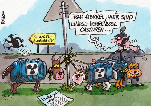 Cartoon: Castorenmeute (medium) by RABE tagged atommüll,castortransport,castor,endlager,bund,farbcartoon,pressezeichnung,karikatur,cartoon,böhme,ralf,rabe,bundesländer,bundesumweltminister,altmaier,peter,cdu,kanzlerin,merkel,kompromiss,straßenhunde,tierheim,polizei,herrenlos,hunde,csu,atomkraftwerke,atomkraft,salzstock,gorleben,suchgesetz,zwischenlager,länder,endlagersuche,endlager,castor,castortransport,atommüll,endlagersuche,kompromiss,merkel,kanzlerin,cdu,peter,altmaier,bundesumweltminister,bundesländer,rabe,ralf,böhme,cartoon,karikatur,pressezeichnung,farbcartoon,bund,länder,zwischenlager,suchgesetz,gorleben,salzstock,atomkraft,atomkraftwerke,csu,hunde,herrenlos,polizei,tierheim,straßenhunde