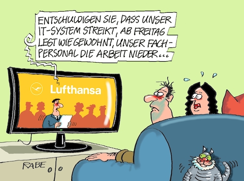 Cartoon: Computerpanne (medium) by RABE tagged flughafen,frankfurt,panne,streik,it,system,coputerpanne,flugausfälle,rabe,ralf,böhme,cartoon,karikatur,pressezeichnung,farbcartoon,tagescartoon,bodenpersonal,verdi,streikwelle,piloten,flughafen,frankfurt,panne,streik,it,system,coputerpanne,flugausfälle,rabe,ralf,böhme,cartoon,karikatur,pressezeichnung,farbcartoon,tagescartoon,bodenpersonal,verdi,streikwelle,piloten