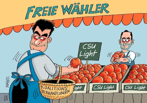 Cartoon: CSU Light (medium) by RABE tagged markus,söder,csu,bayern,münchen,landesvorsitzender,horst,seehofer,merkel,cdu,union,streit,unionstreit,asylstreit,ultimatum,grenze,zurückweisung,flüchtlinge,grenzkontrollen,bayernwahl,frei,wähler,grüne,aiwanger,light,koalitionsverhandlungen,koalition,regirungsbildung,landtagswahl,orangen,marktstand,korb,markus,söder,csu,bayern,münchen,landesvorsitzender,horst,seehofer,merkel,cdu,union,streit,unionstreit,asylstreit,ultimatum,grenze,zurückweisung,flüchtlinge,grenzkontrollen,bayernwahl,frei,wähler,grüne,aiwanger,light,koalitionsverhandlungen,koalition,regirungsbildung,landtagswahl,orangen,marktstand,korb