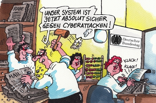 Cartoon: Cyberattacke (medium) by RABE tagged cyberattacke,cybernetz,attacke,angriff,daten,bundestag,datennetz,hacker,nsa,geheimdienste,computer,netz,rabe,ralf,böhme,cartoon,karikatur,pressezeichnung,farbcartoon,tagescartoon,meissel,hammer,rechenschieber,rechenhilfe,bundestagsdebatte,cyberattacke,cybernetz,attacke,angriff,daten,bundestag,datennetz,hacker,nsa,geheimdienste,computer,netz,rabe,ralf,böhme,cartoon,karikatur,pressezeichnung,farbcartoon,tagescartoon,meissel,hammer,rechenschieber,rechenhilfe,bundestagsdebatte