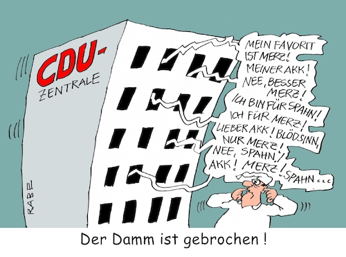 Cartoon: Dammbruch (medium) by RABE tagged akk,spahn,merz,schäuble,altmaier,merkel,parteispitze,cdu,parteitag,rabe,ralf,böhme,cartoon,karikatur,pressezeichnung,farbcartoon,tagescartoon,zentrale,dammbruch,spitzenkandidat,akk,spahn,merz,schäuble,altmaier,merkel,parteispitze,cdu,parteitag,rabe,ralf,böhme,cartoon,karikatur,pressezeichnung,farbcartoon,tagescartoon,zentrale,dammbruch,spitzenkandidat