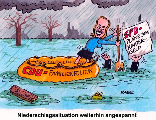 Cartoon: Dauerniederschlag (medium) by RABE tagged schröder,kristina,bundesfamileinministerin,cdu,familienministerin,kindergeld,herdprämie,betreuungsgeld,elterngeld,familein,spd,gabriel,steinbrück,wahlkampf,bundestagswahl,rabe,ralf,böhme,cartoon,karikatur,pressezeichnung,farbcartoon,hochwasser,überschwemmung,niederschlag,regen,hochwasserpegel,überflutung,rettungsboot,schlauchboot,plan,unwetterwolken,schröder,kristina,bundesfamileinministerin,cdu,familienministerin,kindergeld,herdprämie,betreuungsgeld,elterngeld,familein,spd,gabriel,steinbrück,wahlkampf,bundestagswahl,rabe,ralf,böhme,cartoon,karikatur,pressezeichnung,farbcartoon,hochwasser,überschwemmung,niederschlag,regen,hochwasserpegel,überflutung,rettungsboot,schlauchboot,plan,unwetterwolken