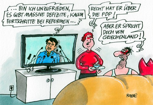 Cartoon: Defizit-Rösler (medium) by RABE tagged defizit,griechenland,athen,hellas,papademos,finanzchefs,schäuble,cdu,finanzhilfe,rettungspaket,milliarden,schuldenschnitt,euro,eu,brüssel,eurokrise,schuldenerlass,kredit,banken,linke,rechte,sozialisten,parlamentswahlen,stimmzettel,euroaustritt,austritt,szenario,wirtschaftskrisse,rettungsschirm,fiskalpakt,esm,troika,reformen,fortschritte,rösler,fdp,liberale,schwarzgelb,wirtschaftsminister,bundesregierung,koalition,interview,tv,couch,mann,frau,wählergunst,umfragetief,defizit,griechenland,athen,hellas,papademos,finanzchefs,schäuble,rettungspaket,euro