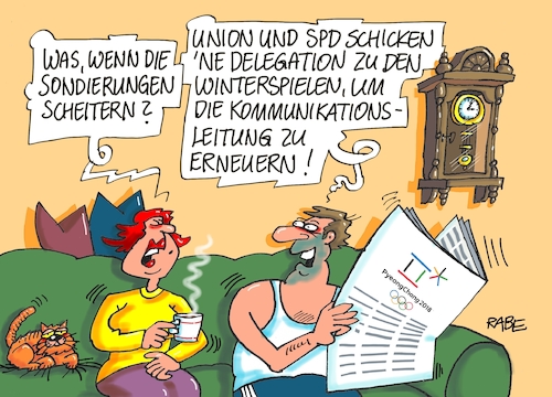 Cartoon: Delegierung (medium) by RABE tagged grüne,jamaika,sondierungsgespräche,regierungsbildung,amtshandlung,rabe,ralf,böhme,cartoon,karikatur,pressezeichnung,farbcartoon,tagescartoon,sondierung,groko,neuwahlen,aus,debakel,winterspiele,gesprächsleitung,kommunikation,delegation,union,spd,merkel,schulz,seehofer,nordkorea,südkorea,grüne,jamaika,sondierungsgespräche,regierungsbildung,amtshandlung,rabe,ralf,böhme,cartoon,karikatur,pressezeichnung,farbcartoon,tagescartoon,sondierung,groko,neuwahlen,aus,debakel,winterspiele,gesprächsleitung,kommunikation,delegation,union,spd,merkel,schulz,seehofer,nordkorea,südkorea