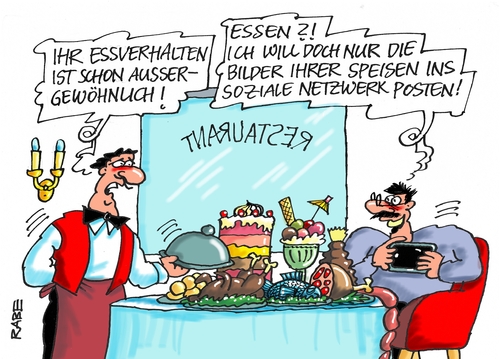 Cartoon: Deutsche Essgewohnheiten (medium) by RABE tagged essen,essgewohnheiten,facebbook,netzwerke,posten,speisen,mittag,fastfood,rabe,ralf,böhme,cartoon,karikatur,pressezeichnung,farbcartoon,tagescartoon,restaurant,kellner,ober,menü,smartphone,tablet,essen,essgewohnheiten,facebbook,netzwerke,posten,speisen,mittag,fastfood,rabe,ralf,böhme,cartoon,karikatur,pressezeichnung,farbcartoon,tagescartoon,restaurant,kellner,ober,menü,smartphone,tablet