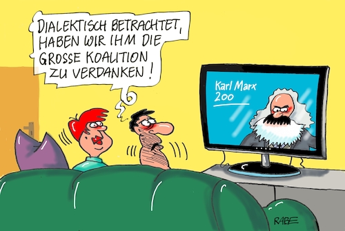 Cartoon: Dialektik (medium) by RABE tagged karl,marx,manifest,kapital,jubiläum,abschiebung,rabe,ralf,böhme,cartoon,karikatur,pressezeichnung,farbcartoon,tagescartoon,transparent,dialektik,geburtstag,tv,ehepaar,grosse,koalition,groko,spd,cdu,karl,marx,manifest,kapital,jubiläum,abschiebung,rabe,ralf,böhme,cartoon,karikatur,pressezeichnung,farbcartoon,tagescartoon,transparent,dialektik,geburtstag,tv,ehepaar,grosse,koalition,groko,spd,cdu