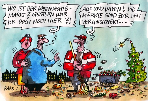 Cartoon: Die Kehrseite (medium) by RABE tagged finanzmärkte,euro,krise,eurokrise,finanzchefs,deutschland,frankreich,merkel,sarkozy,rating,ratingagentur,banker,börse,spekulanten,kredit,dax,dowjones,schuldenkrise,vermögen,abwertung,verunsicherung,weihnachten,weihnachtsfest,weihnachtsmarkt,weihnachtsbaum,lichterkette,bescherung,geschenke,glühwein,stollen,bratwurst,straßenkehrer,straßenfeger,besen,stadtreinigung,dreck,abfall,schmutz,marktplatz,finanzmärkte,euro,krise,eurokrise,deutschland,frankreich,merkel,sarkozy,rating,ratingagentur