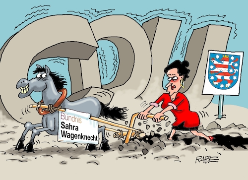 Cartoon: Die Pflügerin (medium) by RABE tagged landtagswahl,thüringen,septemper,cdu,afd,mario,voigt,bernd,höcke,tv,duell,fernsehduell,rabe,ralf,böhme,cartoon,karikatur,pressezeichnung,farbcartoon,tagescartoon,vulkan,lava,rauch,spagat,feld,pflug,pflügerin,wagenknecht,sahra,bsw,landtagswahl,thüringen,septemper,cdu,afd,mario,voigt,bernd,höcke,tv,duell,fernsehduell,rabe,ralf,böhme,cartoon,karikatur,pressezeichnung,farbcartoon,tagescartoon,vulkan,lava,rauch,spagat,feld,pflug,pflügerin,wagenknecht,sahra,bsw