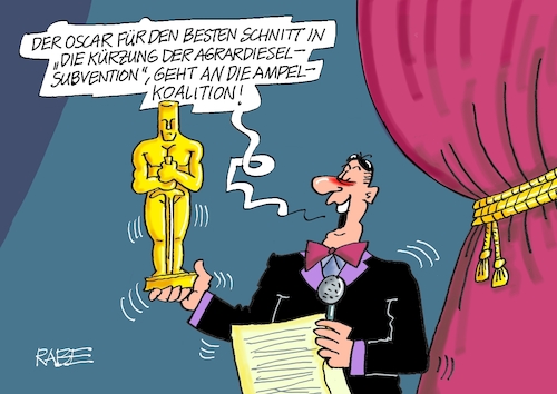 Cartoon: Dieseloscar (medium) by RABE tagged oscar,oscarverleihung,filmakademie,hollywood,kodak,theatre,preisverleihung,filmschaffende,rabe,ralf,böhme,cartoon,karikatur,pressezeichnung,farbcartoon,tagescartoon,ampel,ampelregierung,scholz,bauern,traktoren,schnitt,kürzungen,agrar,agrardiesel,diesel,subventionen,oscar,oscarverleihung,filmakademie,hollywood,kodak,theatre,preisverleihung,filmschaffende,rabe,ralf,böhme,cartoon,karikatur,pressezeichnung,farbcartoon,tagescartoon,ampel,ampelregierung,scholz,bauern,traktoren,schnitt,kürzungen,agrar,agrardiesel,diesel,subventionen