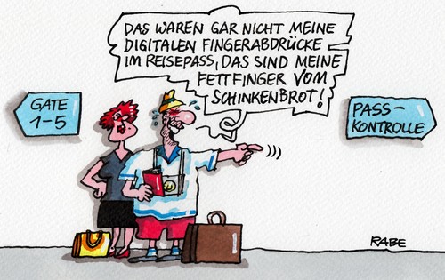 Cartoon: Digitaler Fingerabdruck (medium) by RABE tagged digital,fingerabdruck,reisepass,passkontrolle,personalausweis,biometrik,finger,rabe,ralf,böhme,cartoon,karikatur,pressezeichnung,farbcartoon,ausland,eu,europa,speicherung,zoll,grenze,flughafen,gate,digital,fingerabdruck,reisepass,passkontrolle,personalausweis,biometrik,finger,rabe,ralf,böhme,cartoon,karikatur,pressezeichnung,farbcartoon,ausland,eu,europa,speicherung,zoll,grenze,flughafen,gate