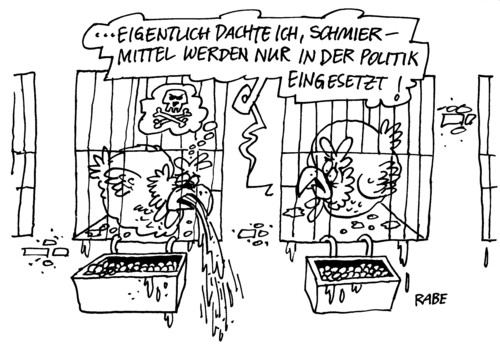 Cartoon: Dioxinskandal (medium) by RABE tagged dioxin,skandal,futtermittel,schmiermittel,öl,euro,hühner,hennen,legebatterien,verbraucherschutz,verbraucherminister,agrarminister,hühnerstall,tierfutter,betrug,gift,verbraucher,käfighaltung,lebensmittel,skandal,kontrolle,ei,eier,futtermittel,schmiermittel,öl,altöl,diesel,huhn,verbraucherschutz,verbraucher,schutz,tierfutter,futter,tiere