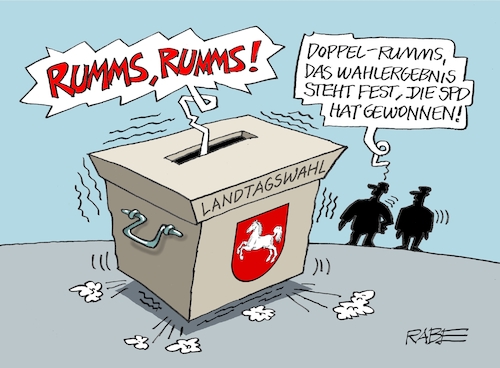 Cartoon: Doppelrumms SPD (medium) by RABE tagged landtagswahl,nrw,wüst,kutschaty,cdu,spd,nordrheinwestfalen,nordrhein,westfalen,rabe,ralf,böhme,cartoon,karikatur,pressezeichnung,farbcartoon,tagescartoon,wähler,wahlurne,niedersachen,stephan,weil,pferd,rumms,doppelrumms,wumms,scholz,stimmungsbarometer,landtagswahl,nrw,wüst,kutschaty,cdu,spd,nordrheinwestfalen,nordrhein,westfalen,rabe,ralf,böhme,cartoon,karikatur,pressezeichnung,farbcartoon,tagescartoon,wähler,wahlurne,niedersachen,stephan,weil,pferd,rumms,doppelrumms,wumms,scholz,stimmungsbarometer