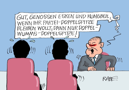 Cartoon: Doppelzugespitztes (medium) by RABE tagged kanzleramt,bund,länder,treffen,gipfel,migration,finanzierung,länderchefs,rabe,ralf,böhe,cartoon,karikatur,pressezeichnung,frabcartoon,tagescartoon,spd,parteispitze,doppelspitze,doppelwumms,esken,klingbeil,kandidatur,kanzleramt,bund,länder,treffen,gipfel,migration,finanzierung,länderchefs,rabe,ralf,böhe,cartoon,karikatur,pressezeichnung,frabcartoon,tagescartoon,spd,parteispitze,doppelspitze,doppelwumms,esken,klingbeil,kandidatur