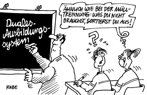 Cartoon: Duales Ausbildungssystem (medium) by RABE tagged duales,ausbildungssystem,ausbildung,lernen,lehre,lehrer,bildungssystem,bildungswesen,schüler,lehrlinge,rabe,ralf,böhme,cartoon,karikatur,pressezeichnung,schultafel,lehrausbilder,mädchen,müll,mülltrennung,duales,ausbildungssystem,ausbildung,lernen,lehre,lehrer,bildungssystem,bildungswesen,schüler,lehrlinge,rabe,ralf,böhme,cartoon,karikatur,pressezeichnung,schultafel,lehrausbilder,mädchen,müll,mülltrennung