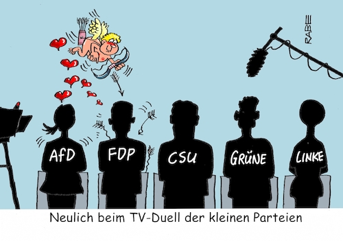 Cartoon: Duell kleiner Parteien (medium) by RABE tagged fdp,chef,lindner,führung,jammertal,bundestagswahl,bundestag,wahlkampf,rabe,ralf,böhme,cartoon,karikatur,pressezeichnung,farbcartoon,tagescartoon,tal,tiefe,tiefpunkt,hürde,hängepartie,bundestagwahl,afd,linke,grüne,csu,tv,duell,moderation,amor,liebespfeile,herzchen,streit,streigespräch,flüchtlinge,dieselkrise,maut,erdogan,fdp,chef,lindner,führung,jammertal,bundestagswahl,bundestag,wahlkampf,rabe,ralf,böhme,cartoon,karikatur,pressezeichnung,farbcartoon,tagescartoon,tal,tiefe,tiefpunkt,hürde,hängepartie,bundestagwahl,afd,linke,grüne,csu,tv,duell,moderation,amor,liebespfeile,herzchen,streit,streigespräch,flüchtlinge,dieselkrise,maut,erdogan