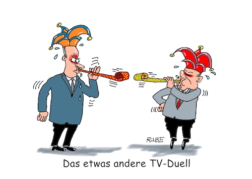 Cartoon: Duell mal anders (medium) by RABE tagged ampel,ampelregierung,rot,grün,gelb,fdp,spd,grüne,rabe,ralf,böhme,cartoon,karikatur,pressezeichnung,farbcartoon,tagescartoon,inflation,einkommen,rente,rentenpaket,bruch,streit,neuwahlen,scholz,merz,tv,duell,rededuell,fernsehduell,fasching,karneval,kappenball,narren,narrenkappe,ampel,ampelregierung,rot,grün,gelb,fdp,spd,grüne,rabe,ralf,böhme,cartoon,karikatur,pressezeichnung,farbcartoon,tagescartoon,inflation,einkommen,rente,rentenpaket,bruch,streit,neuwahlen,scholz,merz,tv,duell,rededuell,fernsehduell,fasching,karneval,kappenball,narren,narrenkappe