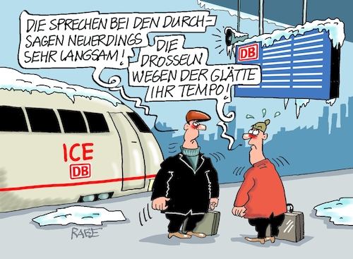 Cartoon: Durchsage (medium) by RABE tagged kälte,winter,frost,eis,schnee,wetter,wetterbericht,eisglätte,dauerfrost,cartoon,karikatur,rabe,ralf,böhme,tageszeichnung,farbcartoon,pressezeichnung,feuerwehr,kind,eisen,metall,zunge,klima,klimakleber,db,bahn,zug,bahnsteig,reisende,durchsage,glätte,tempo,verkehr,kälte,winter,frost,eis,schnee,wetter,wetterbericht,eisglätte,dauerfrost,cartoon,karikatur,rabe,ralf,böhme,tageszeichnung,farbcartoon,pressezeichnung,feuerwehr,kind,eisen,metall,zunge,klima,klimakleber,db,bahn,zug,bahnsteig,reisende,durchsage,glätte,tempo,verkehr