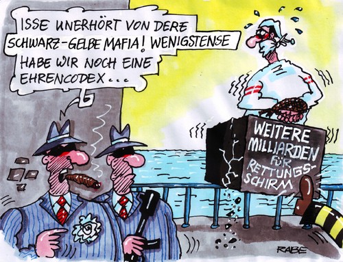 Cartoon: Ehrencodex (medium) by RABE tagged krise,euro,brüderle,lindner,bahr,westerwelle,rösler,fdp,schwarzgelb,liberale,cdu,merkel,kanzlerin,bundesregierung,eu,brüssel,griechenland,rettungsschirm,schuldenkrise,hilfspaket,ehrencodex,codex,mafia,italien,sizilien,berlusconi,schuhe,betonschuhe,beton,steuerzahler,steuererhöhung,banken,konjunktur,börse,versenkung,ertränken,fußtritt,cosanostra,mafiamethoden,mafiosie,bundesregierung,kanzlerin,merkel,cdu,liberale,schwarzgelb,fdp,westerwelle,rösler