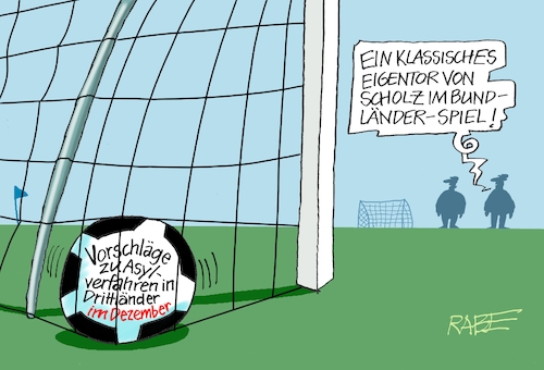 Cartoon: Eigentor (medium) by RABE tagged fußball,fussball,bundesliga,meistertitel,fußballer,bayern,münchen,bayer,leverkusen,rabe,ralf,böhme,cartoon,karikatur,pressezeichnung,frabcartoon,tagescartoon,schild,meister,schuß,ecke,eckball,sport,eigentor,olaf,scholz,bund,länder,treffen,vorschläge,asylverfahren,drittländer,abschiebung,länderchefs,fußball,fussball,bundesliga,meistertitel,fußballer,bayern,münchen,bayer,leverkusen,rabe,ralf,böhme,cartoon,karikatur,pressezeichnung,frabcartoon,tagescartoon,schild,meister,schuß,ecke,eckball,sport,eigentor,olaf,scholz,bund,länder,treffen,vorschläge,asylverfahren,drittländer,abschiebung,länderchefs