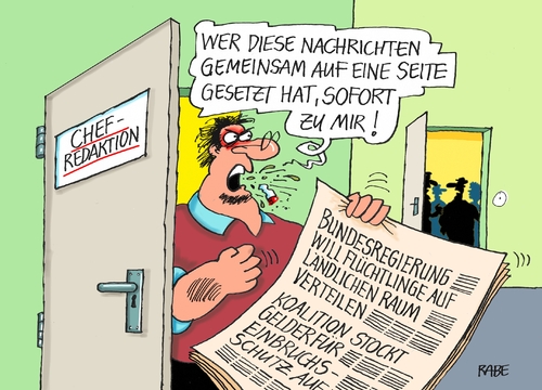 Cartoon: Eilmeldung (medium) by RABE tagged flüchtlinge,flüchtlingskrise,flüchtlingsunterkunft,rabe,ralf,böhme,cartoon,karikatur,pressezeichnung,farbcartoon,tagescartoon,kanzlerin,merkel,cdu,seehofer,land,verteilung,dorf,raum,bundesregierung,flüchtlingsverteilung,redaktion,chefredaktion,zeitung,presse,zeitungsverlag,tageszeitung,nachrichten,flüchtlinge,flüchtlingskrise,flüchtlingsunterkunft,rabe,ralf,böhme,cartoon,karikatur,pressezeichnung,farbcartoon,tagescartoon,kanzlerin,merkel,cdu,seehofer,land,verteilung,dorf,raum,bundesregierung,flüchtlingsverteilung,redaktion,chefredaktion,zeitung,presse,zeitungsverlag,tageszeitung,nachrichten