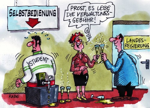 Cartoon: Ein Prost auf die Gebühr (medium) by RABE tagged selbstbedienung,verwaltungsgebühr,abkassieren,abzocken,euro,krise,brieftasche,geldbörse,geldscheine,bildungsministerin,schavan,kultusministerium,landesregierung,bundesregierung,student,studium,hochschule,universität,doktortitel,professor,sekt,anstoßen,prickeln,perlen,mann,frau,junge,zapfhahn,abzapfen,oazapft,is,sektglas,sektflasche,sektflöte,verwaltungsgebühr,selbstbedienung,abkassieren,abzocken,krise,bildungsministerin,kultusministerium