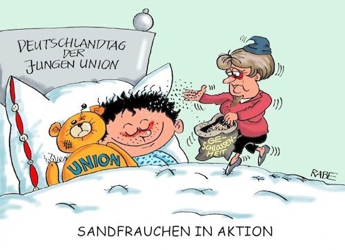 Cartoon: Eingelullt (medium) by RABE tagged union,deutschlandtag,merkel,kanzlerin,cdu,bundeskanzlerin,geschlossenheit,junge,rabe,ralf,böhme,cartoon,karikatur,pressezeichnung,farbcartoon,tagescartoon,teddy,bett,kind,sandmann,zipfelmütze,sand,sandsack,umfragewerte,landtagswahlen,hessen,bayern,seehofer,groko,koalitionsstreit,union,deutschlandtag,merkel,kanzlerin,cdu,bundeskanzlerin,geschlossenheit,junge,rabe,ralf,böhme,cartoon,karikatur,pressezeichnung,farbcartoon,tagescartoon,teddy,bett,kind,sandmann,zipfelmütze,sand,sandsack,umfragewerte,landtagswahlen,hessen,bayern,seehofer,groko,koalitionsstreit