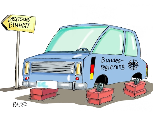 Cartoon: Einheitsstrecke (medium) by RABE tagged tag,der,deutschen,einheit,dritter,oktober,bundesregierung,merkel,kanzlerin,ost,west,rabe,ralf,böhme,cartoon,karikatur,pressezeichnung,faarbcartoon,tagescartoon,mauerfall,wessi,ossi,gräben,linke,auto,pkw,räder,ziegelsteine,wegweiser,tag,der,deutschen,einheit,dritter,oktober,bundesregierung,merkel,kanzlerin,ost,west,rabe,ralf,böhme,cartoon,karikatur,pressezeichnung,faarbcartoon,tagescartoon,mauerfall,wessi,ossi,gräben,linke,auto,pkw,räder,ziegelsteine,wegweiser