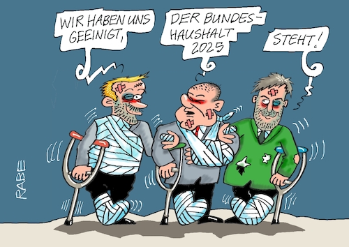 Cartoon: Einigung (medium) by RABE tagged ampel,ampelregierung,rot,grün,gelb,fdp,spd,grüne,rabe,ralf,böhme,cartoon,karikatur,pressezeichnung,farbcartoon,tagescartoon,pöbelei,pöbler,bestrafung,regelung,beschimpfung,bundestag,abgeordnete,haushalt,bundeshaushalt,haushaltsdebatte,lindner,habeck,scholz,wunden,verband,krücke,einigung,ampel,ampelregierung,rot,grün,gelb,fdp,spd,grüne,rabe,ralf,böhme,cartoon,karikatur,pressezeichnung,farbcartoon,tagescartoon,pöbelei,pöbler,bestrafung,regelung,beschimpfung,bundestag,abgeordnete,haushalt,bundeshaushalt,haushaltsdebatte,lindner,habeck,scholz,wunden,verband,krücke,einigung