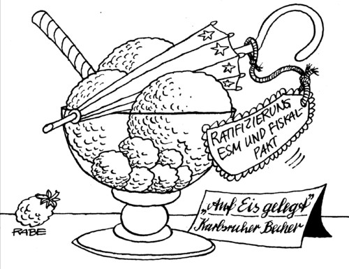 Cartoon: Eisbecher (medium) by RABE tagged kahrlsruhe,urteil,bundesverfassungsgericht,parlament,bundesregierung,bundesrat,grüne,widerspruch,gesetz,geheimniskrämerei,eu,beschlüsse,fiskalpakt,rettungsschirm,gefängnis,riegel,schloss,gitter,griechenland,abgeordnete,merkel,kanzlerin,koalition,cdu,euro,eurokrise,esm,ratifizierung,eis,eisbecher,eiskugel,eisdiele,schokoeis,himbeereis,vanilleeis,richter,verfassungsgericht,brüssel,finanzchefs,banken,ratingagentur,börse,kahrlsruhe,urteil,bundesverfassungsgericht