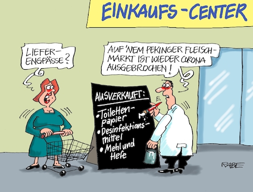 Cartoon: Engpässlich (medium) by RABE tagged virus,corona,pandemie,coronakrise,rabe,ralf,böhme,cartoon,karikatur,pressezeichnung,farbcartoon,tagescartoon,viren,virenschutz,mundschutz,desinfektion,föderal,föderalismus,ländersache,lockerungen,abstandsregeln,china,peking,fleischmarkt,lieferengpässe,einschränkungen,hamsterkäufe,supermarkt,toilettenpapier,klopapier,desinfektionsmittel,mehl,hefe,virus,corona,pandemie,coronakrise,rabe,ralf,böhme,cartoon,karikatur,pressezeichnung,farbcartoon,tagescartoon,viren,virenschutz,mundschutz,desinfektion,föderal,föderalismus,ländersache,lockerungen,abstandsregeln,china,peking,fleischmarkt,lieferengpässe,einschränkungen,hamsterkäufe,supermarkt,toilettenpapier,klopapier,desinfektionsmittel,mehl,hefe