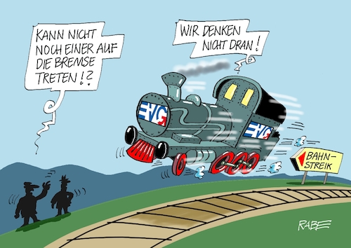 Cartoon: Entgleisung (medium) by RABE tagged gewerkschaften,tarife,tarifverhandlungen,streik,gew,verdi,rabe,ralf,böhme,cartoon,karikatur,pressezeichnung,farbcartoon,tagescartoon,schleifstein,messer,gewerkschaftsmitglieder,lok,bahn,db,bahnkunden,bahnreisende,bahnpersonal,schiene,gleis,lokomotive,entgleisung,gewerkschaften,tarife,tarifverhandlungen,streik,gew,verdi,rabe,ralf,böhme,cartoon,karikatur,pressezeichnung,farbcartoon,tagescartoon,schleifstein,messer,gewerkschaftsmitglieder,lok,bahn,db,bahnkunden,bahnreisende,bahnpersonal,schiene,gleis,lokomotive,entgleisung