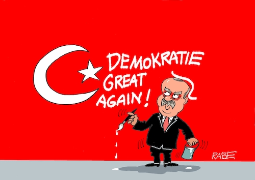 Cartoon: Erdogan Again (medium) by RABE tagged erdogan,sultan,präsident,wahl,wähler,wahlurne,rabe,ralf,böhme,cartoon,karikatur,pressezeichnung,farbcartoon,tagescartoon,flagge,rot,mondsichel,stern,absturz,hangelei,sieger,wahlsieger,wiederwahl,pinsel,eimer,farbe,demokratie,great,again,trump,haare,perücke,erdogan,sultan,präsident,wahl,wähler,wahlurne,rabe,ralf,böhme,cartoon,karikatur,pressezeichnung,farbcartoon,tagescartoon,flagge,rot,mondsichel,stern,absturz,hangelei,sieger,wahlsieger,wiederwahl,pinsel,eimer,farbe,demokratie,great,again,trump,haare,perücke